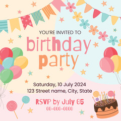 Colorful Vector Birthday Party Invitation. Festive Template with Balloons, Cake, Candles for Cards, Posters and Banners
