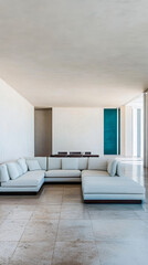 Fototapeta premium Modern minimalist living room with sectional sofa and dining area in bright natural light