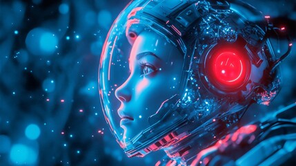 A close-up of a woman wearing a futuristic helmet with a glowing red light.