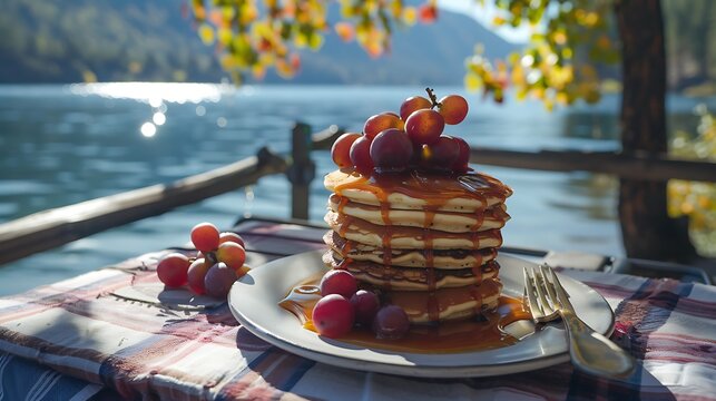 Grape pancakes with caramel topping on an iron table beside the lake