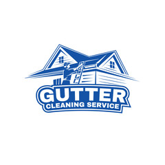 Illustration of a professional cleaning debris from a house gutter. Ideal for advertising gutter maintenance services. Emphasizes home care, cleanliness, and professional assistance. GUTTER LOGO