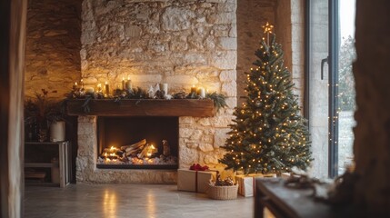 Contemporary space with a magic tree and a fireplace set into a stone wall.