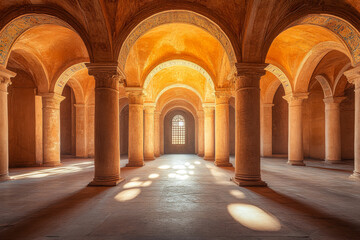 Obraz premium Serene interior of an ancient architectural building with arches and soft sunlight in the afternoon