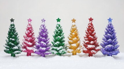 Colorful Christmas trees with snow decoration.