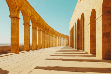Beautiful arches of historical architecture along a sunny colonnade in daylight