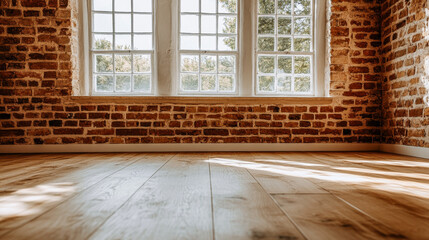 Bright and airy interior with wooden floors and brick walls during daylight hours