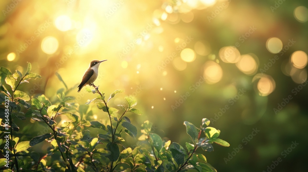 Poster a tiny hummingbird perched on a branch with sunlight streaming through the leaves behind it.