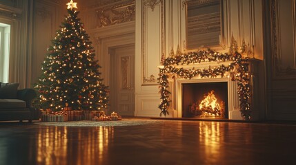 Elegant living room with a Christmas tree glowing next to a fireplace draped in festive greenery.