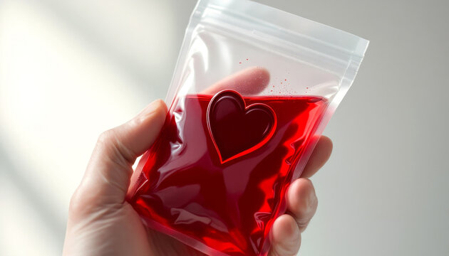 National blood donor month concept with heart-shaped closure on blood bag