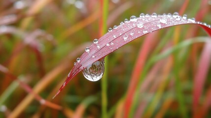 A single dewdrop hangs from a blade of grass, reflecting the surrounding environment.