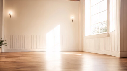 Fototapeta premium Bright sunlight illuminating a spacious interior with wooden flooring in a tranquil environment