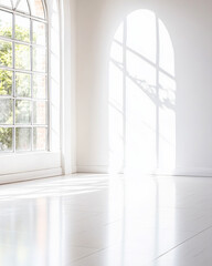 Fototapeta premium Bright sunlit interior with large window casting delicate shadows in a minimalist space