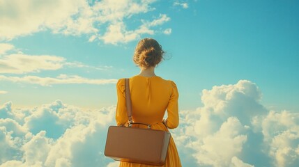 Fototapeta premium A woman in a yellow dress stands on a cloud looking at the sky.