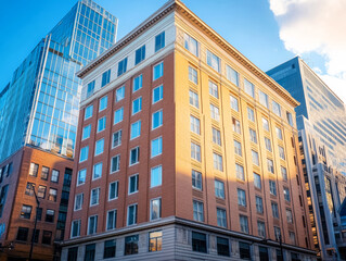 Fototapeta premium Historic brick building in a modern city skyline during golden hour in downtown