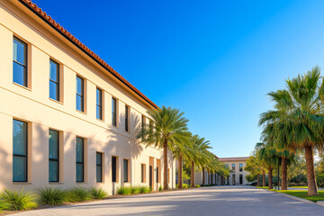 Palm-lined pathway leading to modern buildings under a clear blue sky in a sunny location