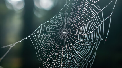 Close up of dew covered spider web glistening in light