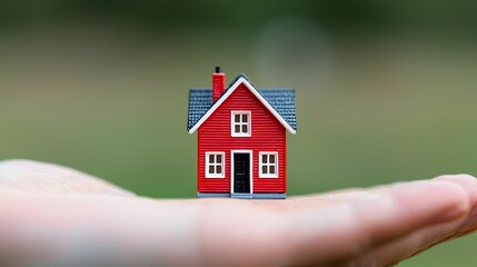 A miniature red house rests on an open palm, symbolizing care, protection, or real estate concepts.