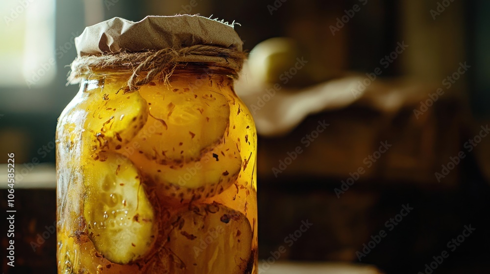 Poster a jar of pickled cucumbers with dill and spices on a wooden table.