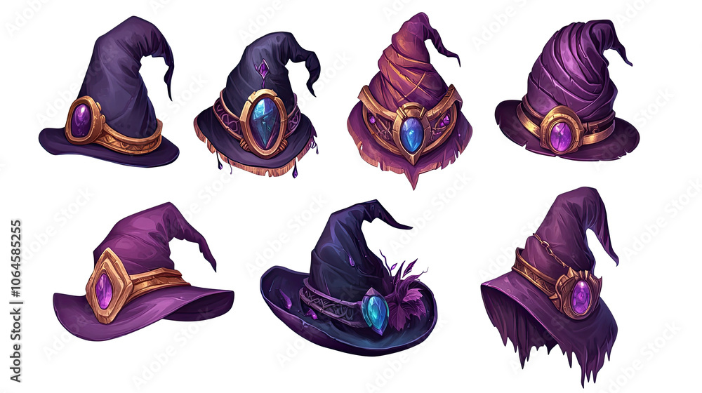 Poster colorful witches hats displayed with unique designs and gems generative ai