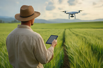 Fototapeta premium A person using a tablet to control a drone over a green field.