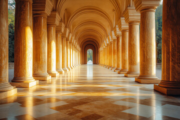 Beautiful sunlight filtering through majestic columns in a historic building at golden hour