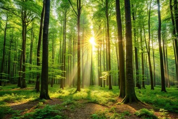 Fototapeta premium Dense forest with tall trees and sunlight filtering through leaves, sunlight, forest, foliage