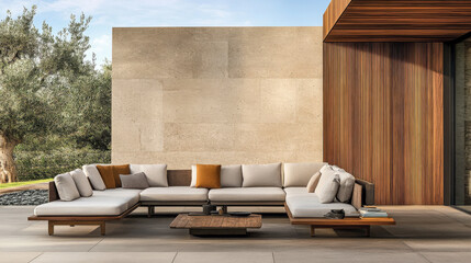 Modern outdoor seating arrangement designed for relaxation in a tranquil garden setting