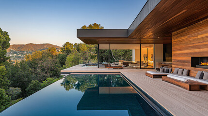 Modern hillside villa with infinity pool overlooking lush landscape in the early evening light