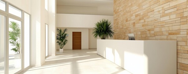 Obraz premium Modern interior space with natural light, featuring a reception desk, wooden accents, and decorative plants against a stone wall.