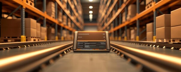 Fototapeta premium Inventory management system on a digital screen, warehouse shelves in the background, neatly arranged boxes, bright overhead lighting, spacious environment