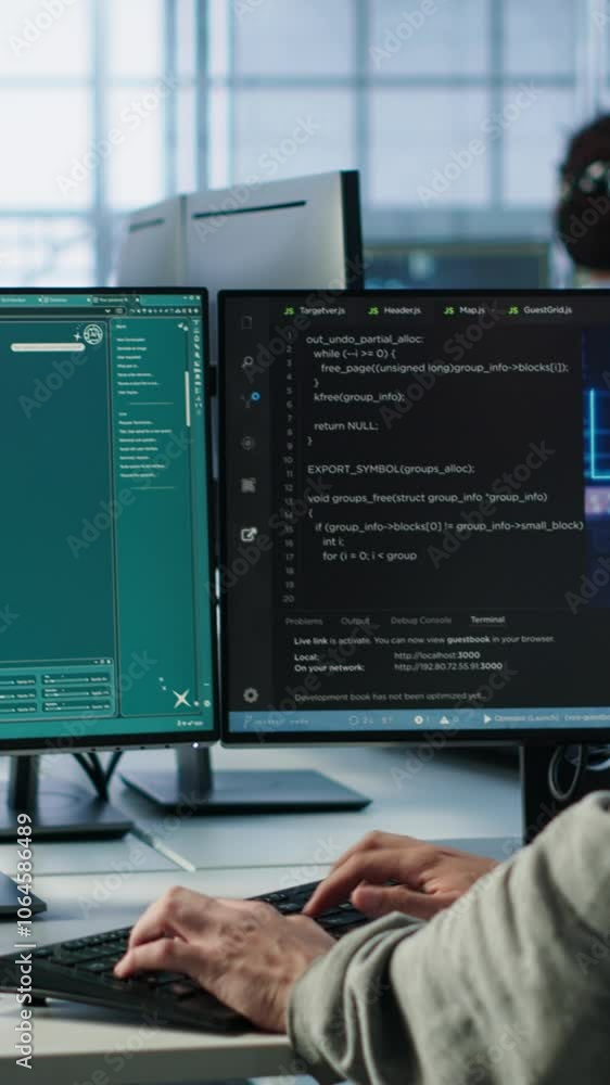 Poster engineer in server hub making ai software turning text prompt into photos. technician in data center