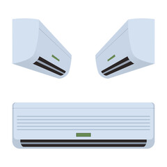 Three air conditioners in different positions, side view and front view, isolated on a white background, vector illustration, device for controlling room temperature