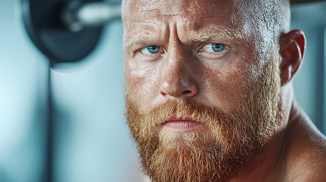 Weightlifter channels intense focus while staring at barbell
