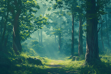 Woodland forest background banner, cartoon anime style graphic resource wide backdrop, empty space, trees wallpaper