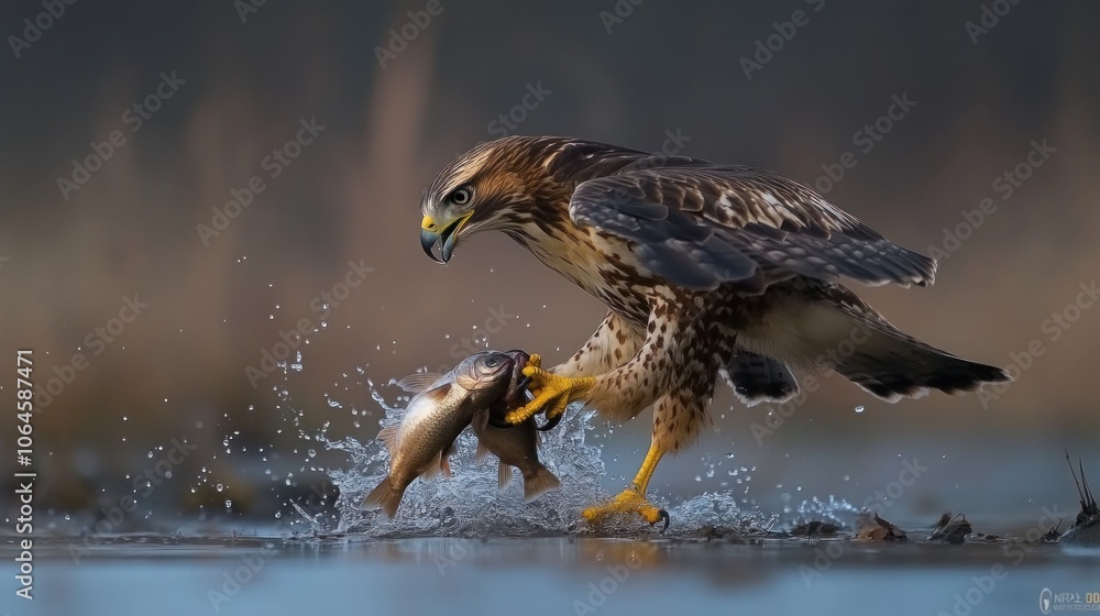 Poster A hawk with sharp talons holds a fish in its beak, splashing water as it takes off from the surface of a lake.