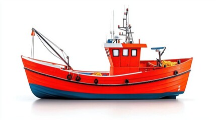 Obraz premium A photostock of a red fishing boat on a white background, isolated and nautical.