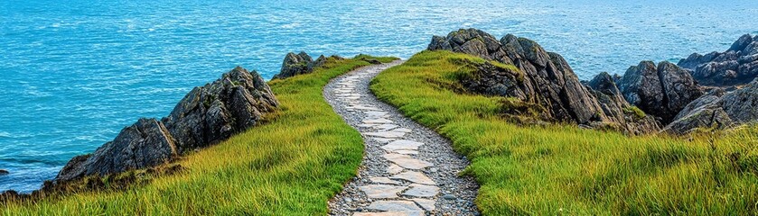 Rugged coastal path atop high cliffs overlooking a panoramic ocean view, with vibrant green grass and the dark rocky terrain forming a perfect natural contrast