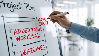 Project Management Process Highlighting Scope Creep with Handwritten Notes and Diagrams
