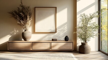 Minimalist Conference Interior with Wooden Drawers and Framed Window View