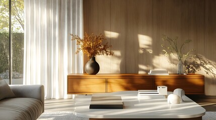 Modern Conference Room With Wooden Drawer and Sunlit Window Interior