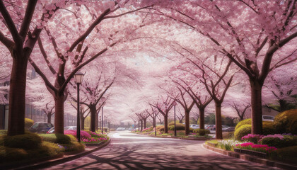 Fototapeta premium Enchanting cherry blossom street lined with blooming trees in springtime, evoking beauty and renewal