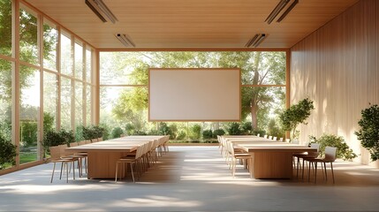 Blank Poster in Modern Conference Room with Wooden Accents and Large Windows