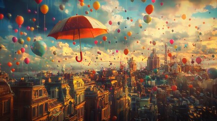 Obraz premium Surreal Umbrella Floating Above Vibrant City Scene