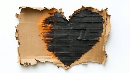 Dramatic heart cutout in burnt paper, dark style