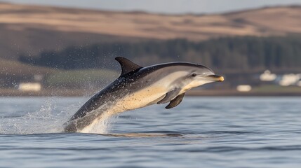 A common dolphin leaps out of the water with its mouth open.