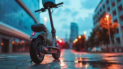 Helmet and electric scooter parked by a city street