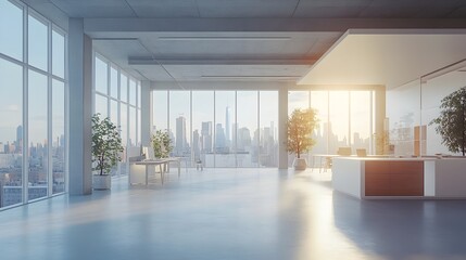 Modern Open Space Office Interior with Scenic Cityscape View