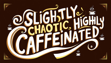 Obraz premium Bold, vibrant poster displaying “Slightly Chaotic, Highly Caffeinated” in quirky, energetic typography, using coffee-inspired colors for a fun, dynamic vibe.