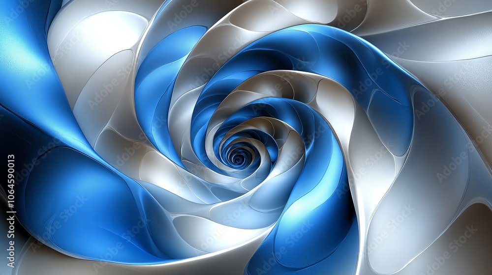 Poster abstract swirling pattern in blue and silver tones, creating a dynamic visual effect.