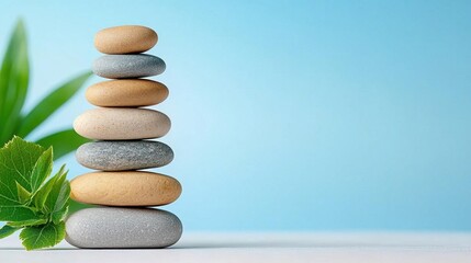 Obraz premium A photostock of a stack of smooth stones on a neutral background, minimal and balanced.